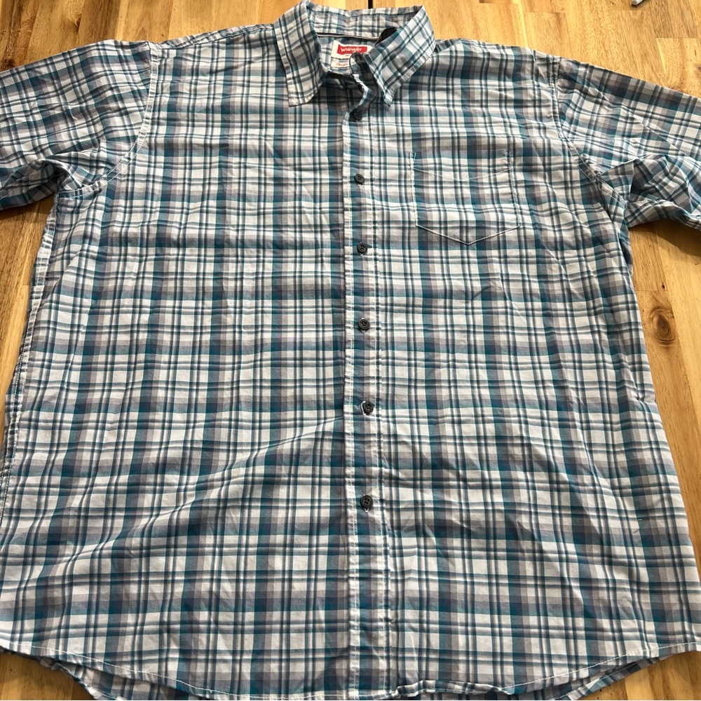 Wrangler Men’s Flex for Comfort Plaid Button-Down Shirt Blue Gray Teal XL